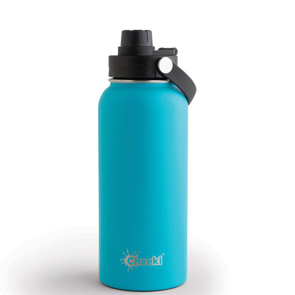 Cheeki 1 litre insulated adventure bottle in Aqua, front view with logo