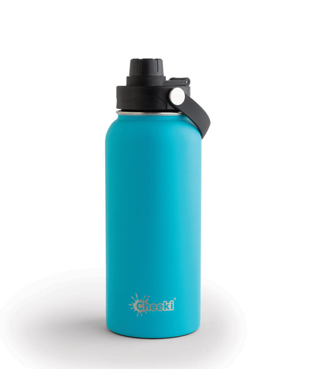 Cheeki 1 litre insulated adventure bottle in Aqua, front view with logo
