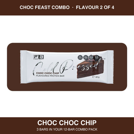 Fibre Boost Choc Choc Chip cold pressed protein bar, one of four flavours in the Choc Feast combo