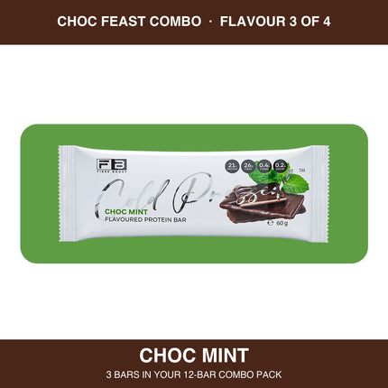 Fibre Boost Choc Mint cold pressed protein bar, one of four flavours in the Choc Feast combo
