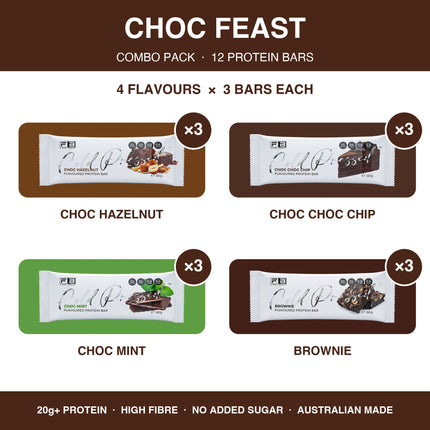 Fibre Boost Choc Feast chocolate protein bar combo pack of 12: Choc Hazelnut, Choc Choc Chip, Choc Mint and Brownie bars