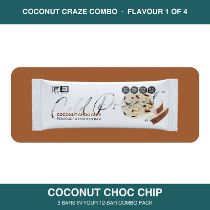 Fibre Boost Coconut Choc Chip cold pressed protein bar, one of four flavours in the Coconut Craze combo