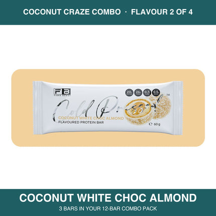 Fibre Boost Coconut White Choc Almond cold pressed protein bar, one of four flavours in the Coconut Craze combo