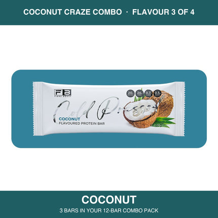 Fibre Boost Coconut cold pressed protein bar, one of four flavours in the Coconut Craze combo