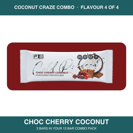 Fibre Boost Choc Cherry Coconut cold pressed protein bar, one of four flavours in the Coconut Craze combo