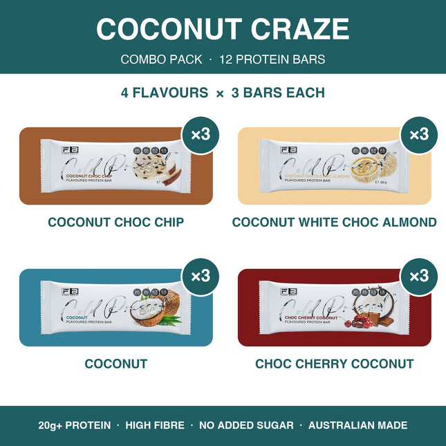 Fibre Boost Coconut Craze coconut protein bar combo pack of 12: Coconut Choc Chip, Coconut White Choc Almond, Coconut and Choc Cherry Coconut bars