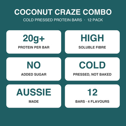 Coconut Craze combo benefits: 20g+ protein per bar, high soluble fibre, no added sugar, cold pressed, Australian made, 12 bars