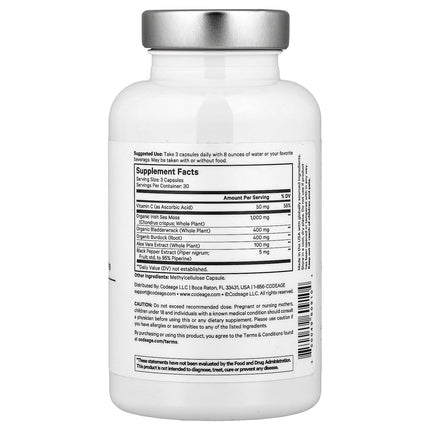 Codeage Amen Sea Moss 90 vegetable capsules back label with supplement facts and ingredients