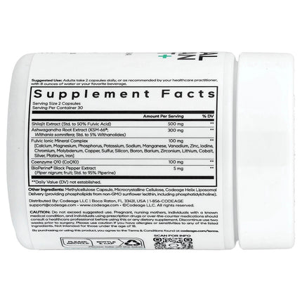 Codeage Eternal Liposomal Himalayan Shilajit 60 Vegetable Capsules - back of bottle with supplement facts