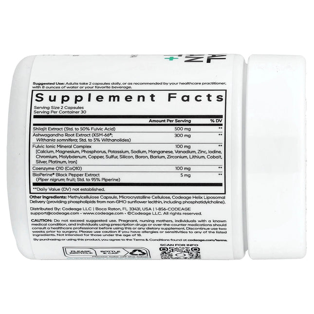 Codeage Eternal Liposomal Himalayan Shilajit 60 Vegetable Capsules - back of bottle with supplement facts