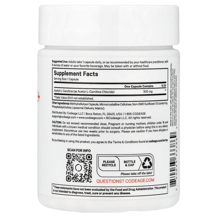 Codeage Liposomal Acetyl L-Carnitine+, 500 mg per Capsule 90 Capsules - back label with supplement facts and ingredients
