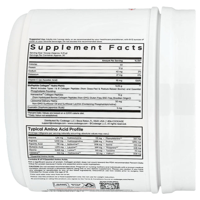 Codeage Liposomal Collagen Peptides+ Powder, Unflavoured - Back label with supplement facts and ingredients