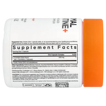 Codeage Liposomal L-Carnitine+, 500 mg per Capsule 90 Veg Capsules - back label with supplement facts and ingredients