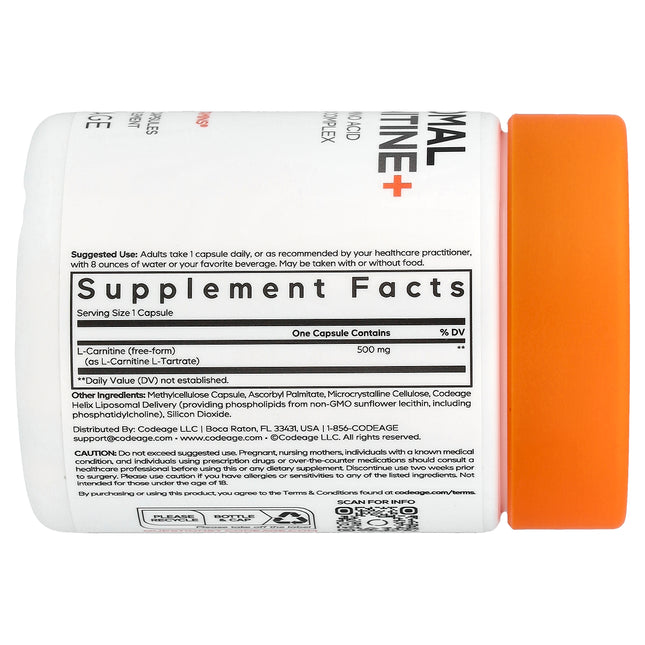 Codeage Liposomal L-Carnitine+, 500 mg per Capsule 90 Veg Capsules - back label with supplement facts and ingredients