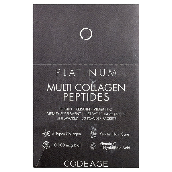 Codeage Multi Collagen Peptides Platinum single-serve collagen sachets with biotin, keratin and vitamin C, box of 30 packets
