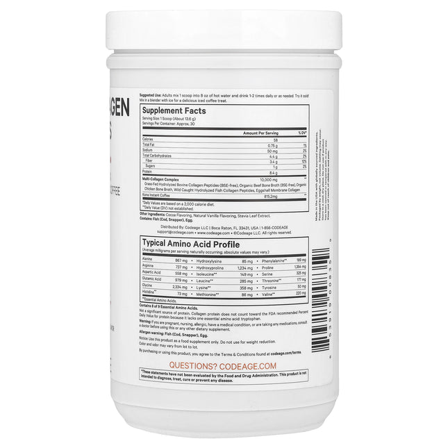 Codeage Multi Collagen Peptides Powder, Chocolate Mocha - Back label with supplement facts and ingredients