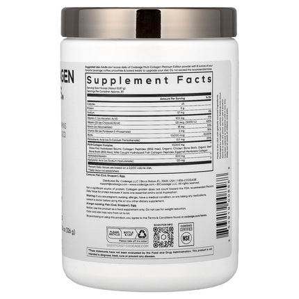 Codeage Multi Collagen Peptides Powder, Platinum, Unflavoured - Back label with supplement facts and ingredients
