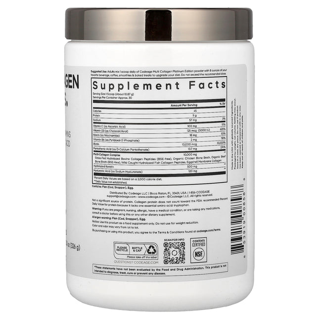 Codeage Multi Collagen Peptides Powder, Platinum, Unflavoured - Back label with supplement facts and ingredients
