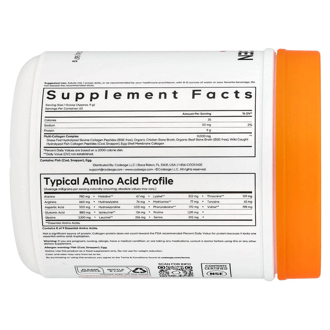 Codeage Multi Collagen Peptides Powder, Unflavoured - Back label with supplement facts and ingredients