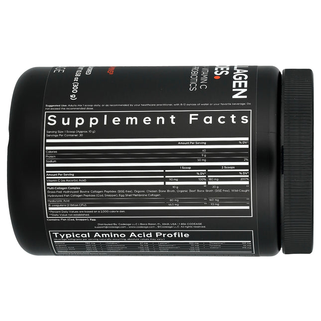 Codeage Multi Collagen Peptides Powder with Vitamin C, Hyaluronic Acid & Probiotics, Unflavoured - Back label with supplement facts and ingredients