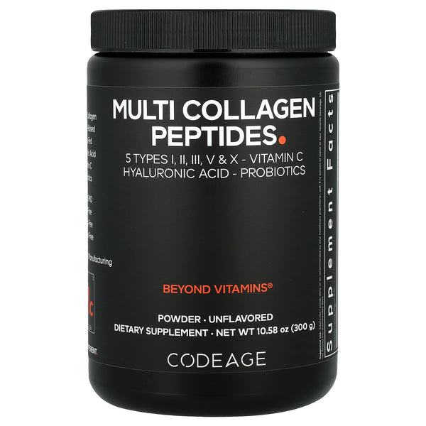 Codeage multi collagen peptides powder with probiotics, vitamin C and hyaluronic acid, unflavoured 300 g tub