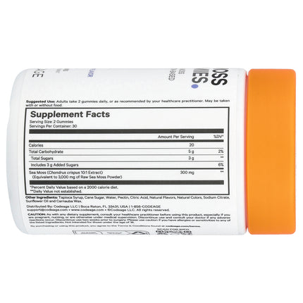 Codeage Sea Moss Gummies Strawberry 60 gummies bottle on its side showing supplement facts and suggested use