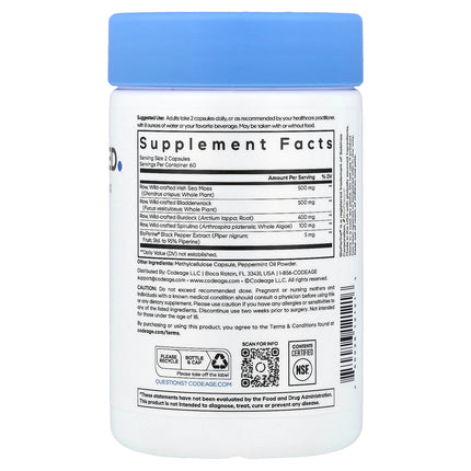 Codeage Sea Moss Wildcrafted 120 vegetable capsules back label with supplement facts and ingredients