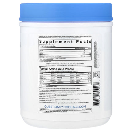 Codeage Wild-Caught Marine Collagen Peptides Powder, Unflavoured - Back label with supplement facts and ingredients