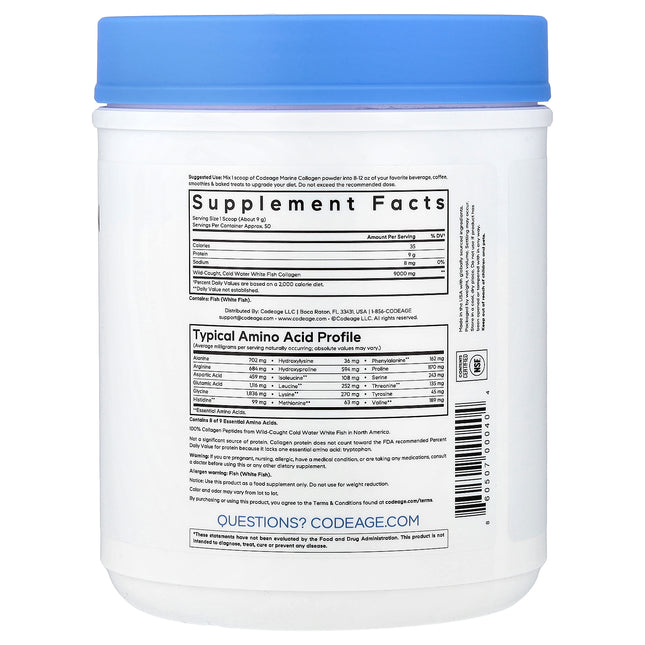 Codeage Wild-Caught Marine Collagen Peptides Powder, Unflavoured - Back label with supplement facts and ingredients