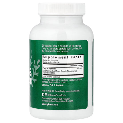 Country Farms Irish Sea Moss 90 capsules back label with supplement facts and directions