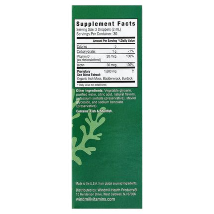 Country Farms Irish Sea Moss Bladderwrack & Burdock Root 60 ml carton back with supplement facts and ingredients