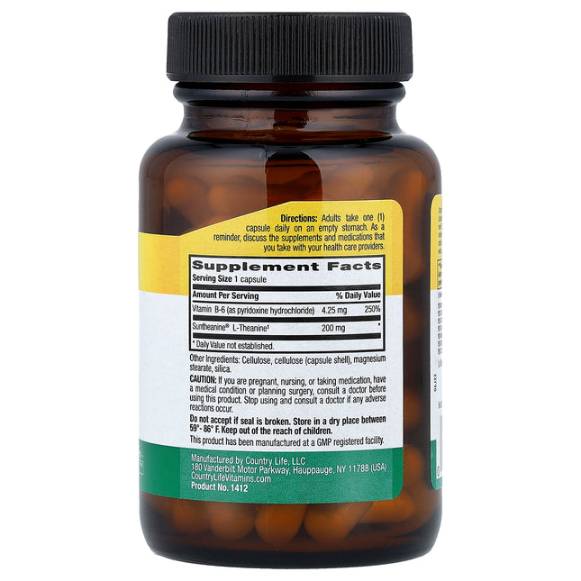 Country Life L-Theanine, 200 mg, 60 Vegan Capsules - supplement facts and ingredients label
