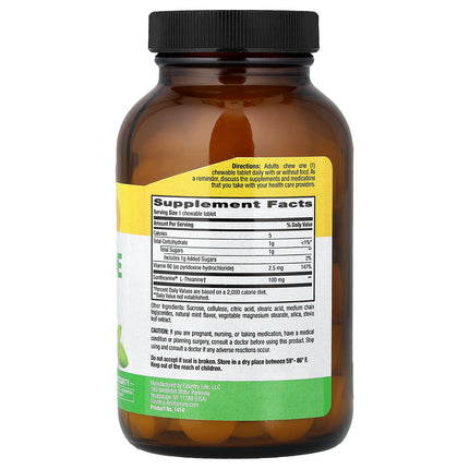 Country Life L-Theanine, Mint, 100 mg, 60 Chewable Tablets - supplement facts and ingredients label