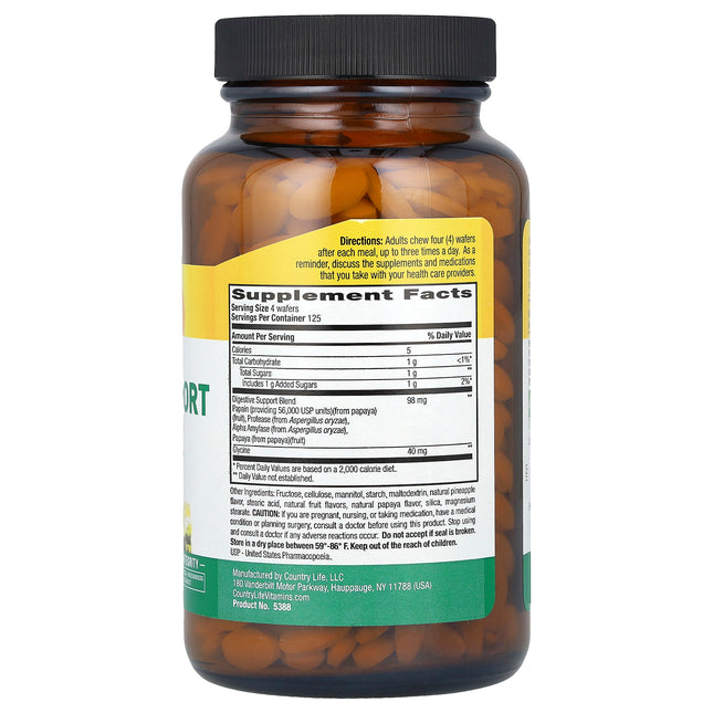 Country Life Papaya Digestive Support bottle back label with supplement facts and directions
