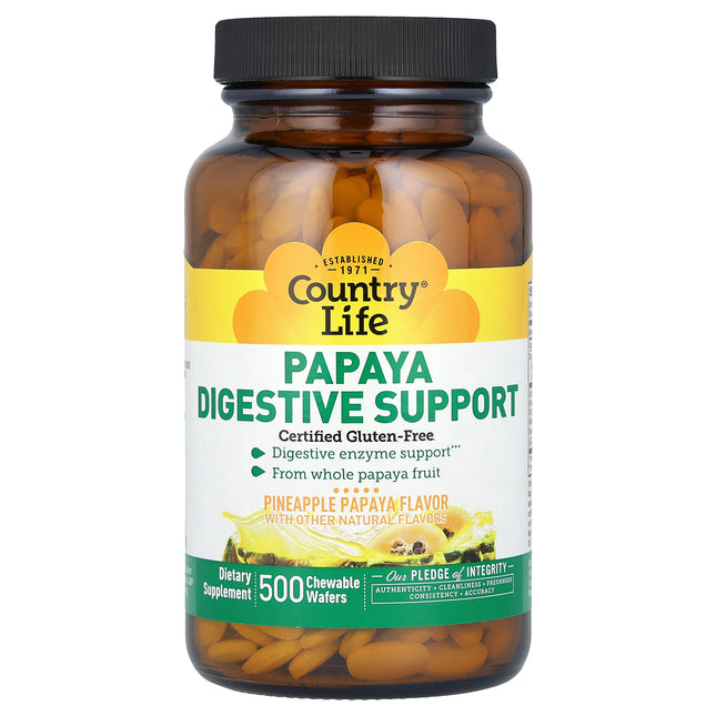 Country Life Papaya Digestive Support Pineapple Papaya 500 chewable wafers bottle, front of pack
