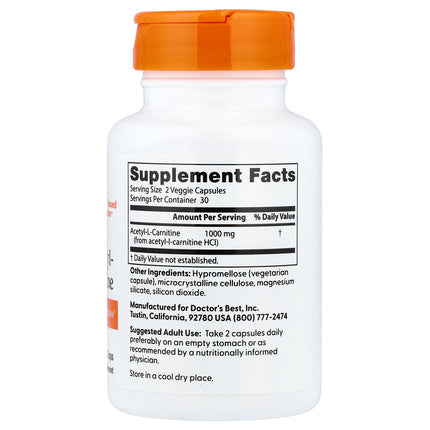 Doctor's Best Acetyl-L-Carnitine, 500 mg per Capsule 60 Veggie Capsules - back label with supplement facts and ingredients