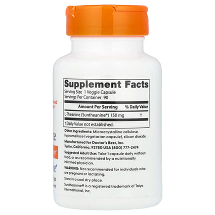 Doctor's Best L-Theanine, 150 mg, 90 Veggie Caps - supplement facts and ingredients label