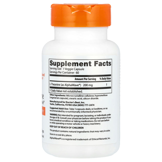 Doctor's Best L-Theanine, AlphaWave, 200 mg, 60 Veggie Caps - supplement facts and ingredients label