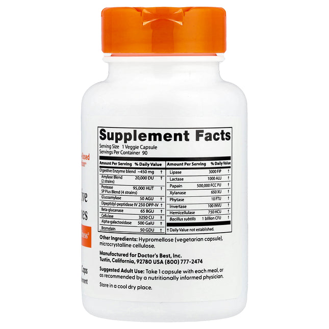 Doctor's Best Digestive Enzymes bottle back label with supplement facts and ingredients