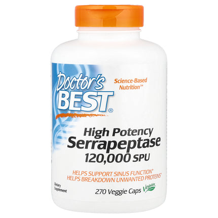 Doctor's Best High Potency Serrapeptase 120,000 SPU 270 Veggie Caps bottle, front view