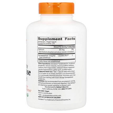Doctor's Best High Potency Serrapeptase 120,000 SPU 270 Veggie Caps bottle, back label with supplement facts