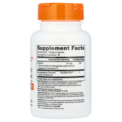 Doctor's Best High Potency Serrapeptase 120,000 SPU 90 Veggie Caps bottle, back label with supplement facts
