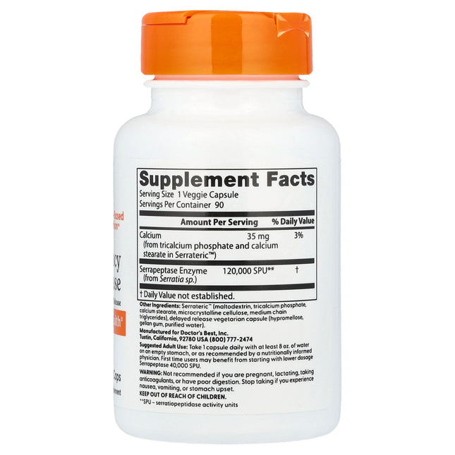 Doctor's Best High Potency Serrapeptase 120,000 SPU 90 Veggie Caps bottle, back label with supplement facts