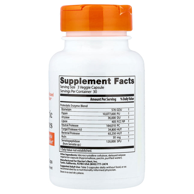 Doctor's Best Proteolytic Enzymes bottle back label with supplement facts and ingredients