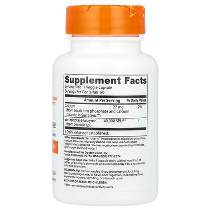 Doctor's Best Serrapeptase 40,000 SPU 90 Veggie Caps bottle, back label with supplement facts