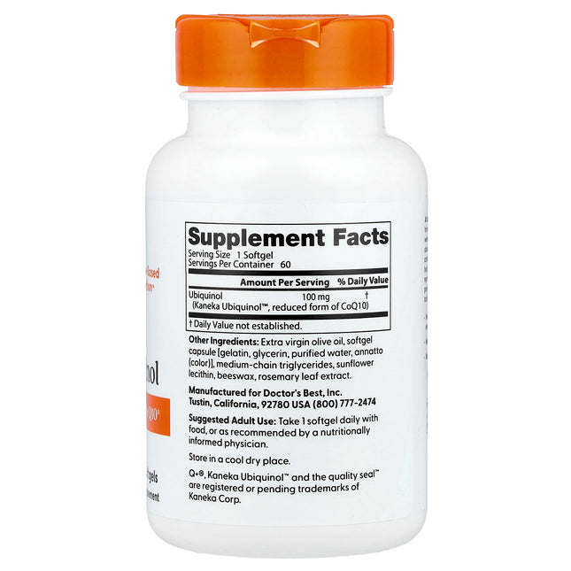 Doctor's Best ubiquinol 100 mg bottle showing supplement facts and ingredients