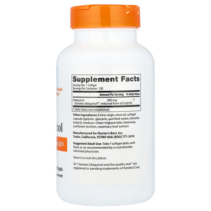 Doctor's Best ubiquinol 200 mg 120 softgel bottle showing supplement facts and ingredients