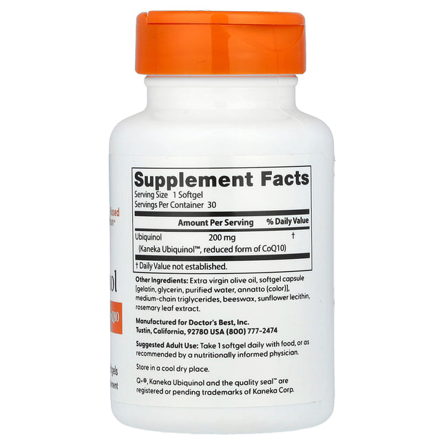 Doctor's Best ubiquinol 200 mg 30 softgel bottle showing supplement facts and ingredients