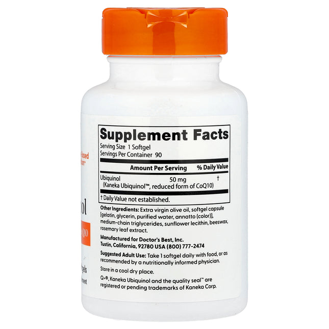 Doctor's Best Kaneka Q+ ubiquinol 50 mg bottle showing supplement facts and ingredients