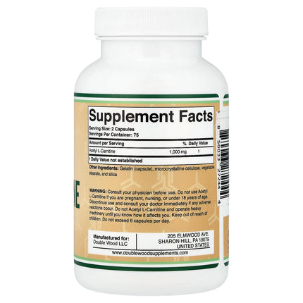Double Wood Supplements Acetyl L-Carnitine, 500 mg per Capsule 150 Capsules - back label with supplement facts and ingredients